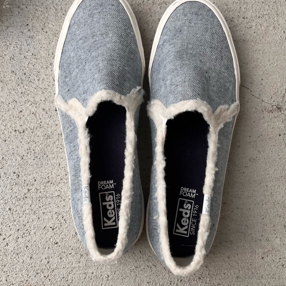 Keds Light Denim Blue Slip-On Sneakers with White Faux Shearling